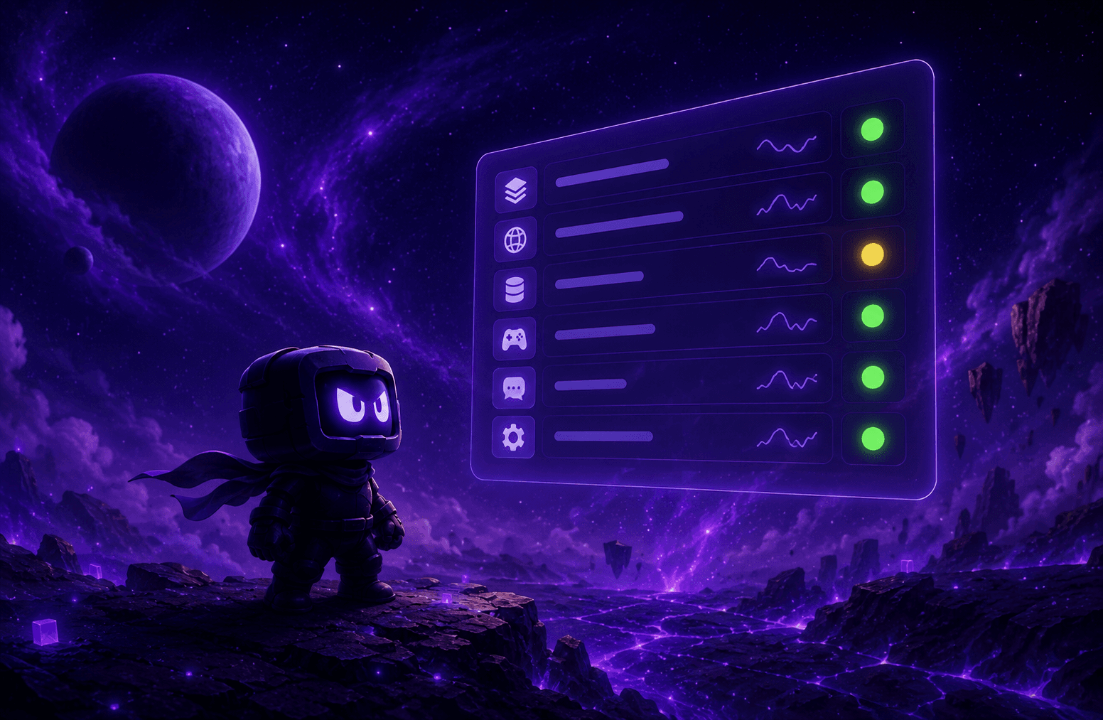Shadowboy service status artwork showing a health monitor dashboard