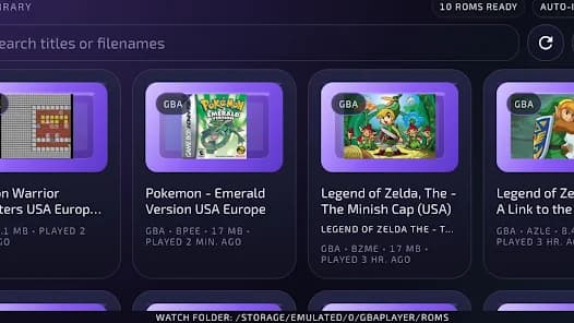 Shadowboy Android ROM library screenshot showing searchable GBA game artwork and organized mobile game cards