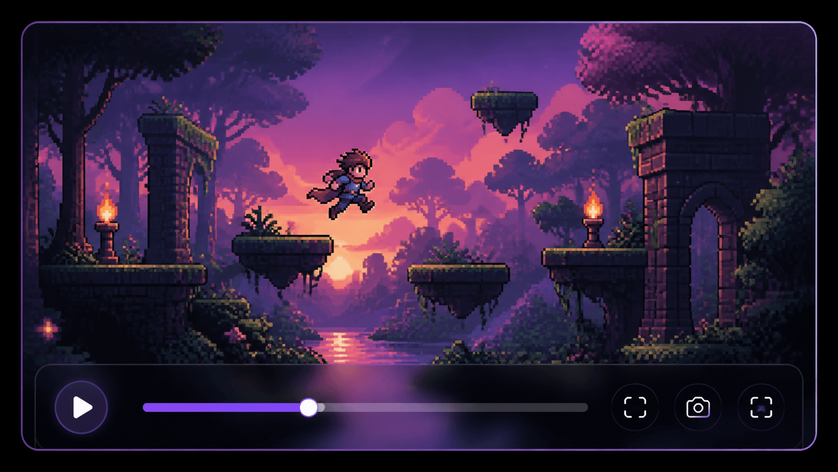 Retro gameplay scene with video player controls representing Shadowboy instant replay and clip recording