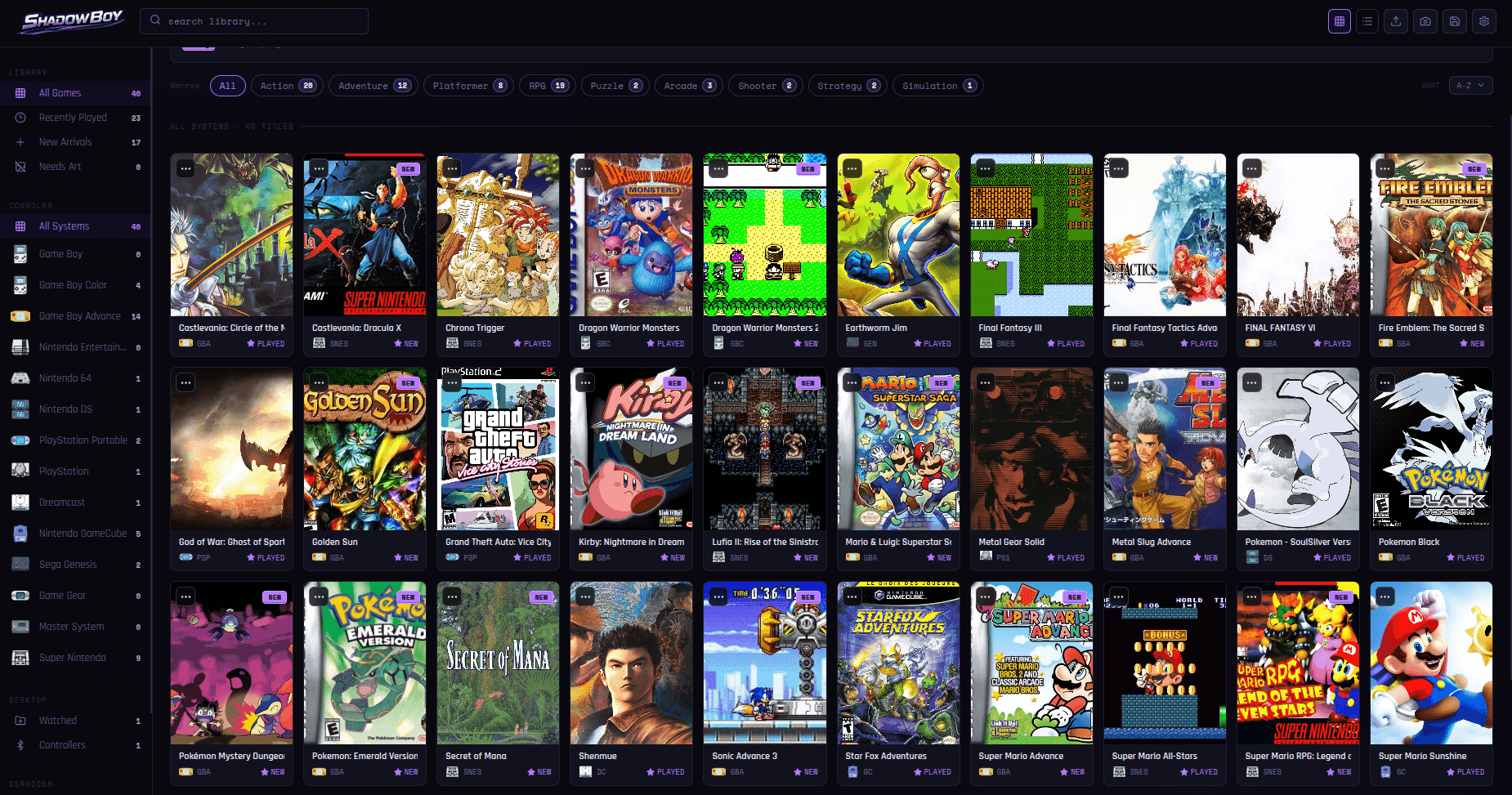 Shadowboy Desktop ROM library showing searchable game artwork, system and genre filters, saved progress, screenshots, and ready-to-play retro games on Windows and Linux