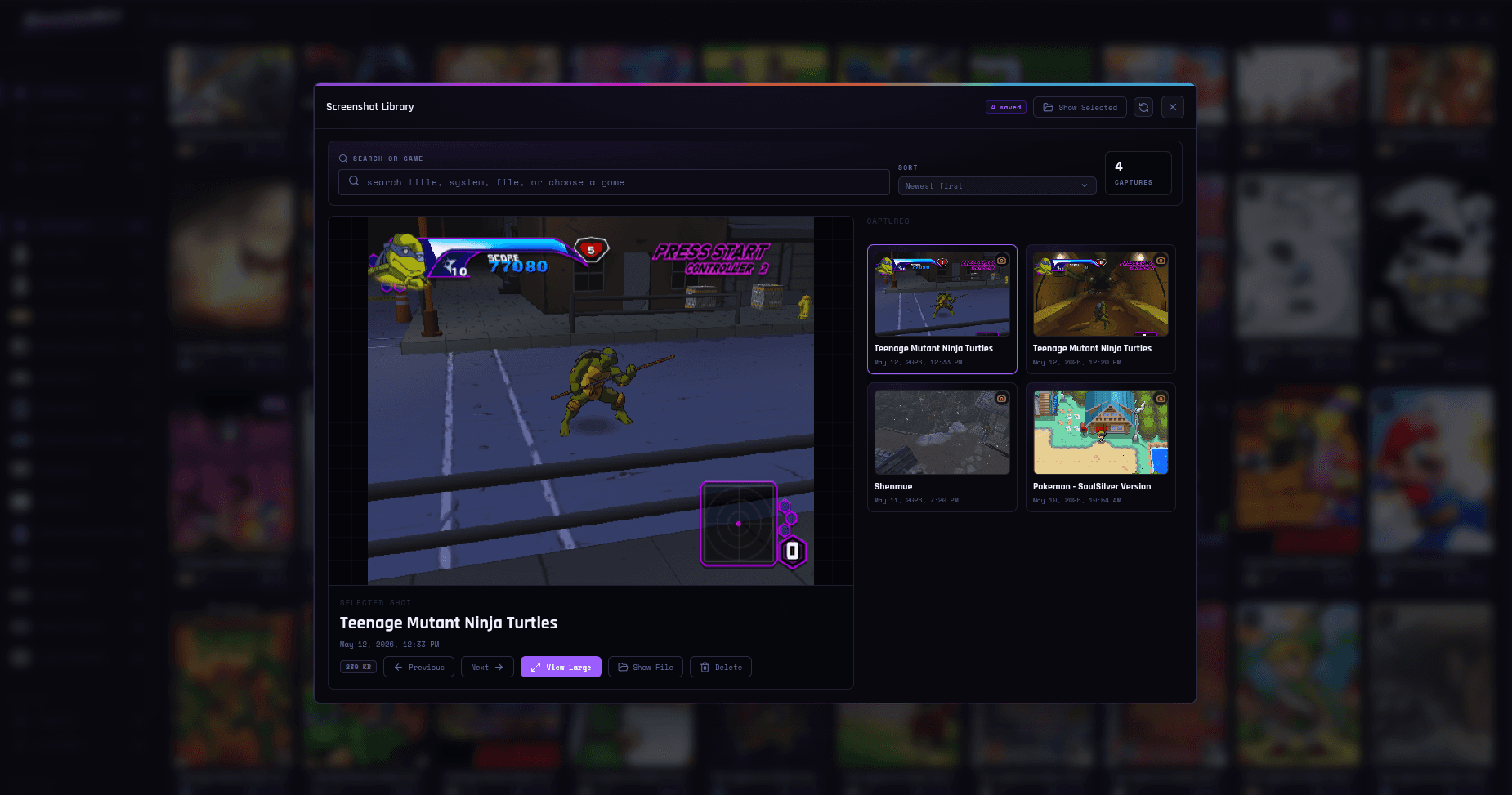 Shadowboy Desktop screenshot library showing saved emulator screenshots in a visual browser